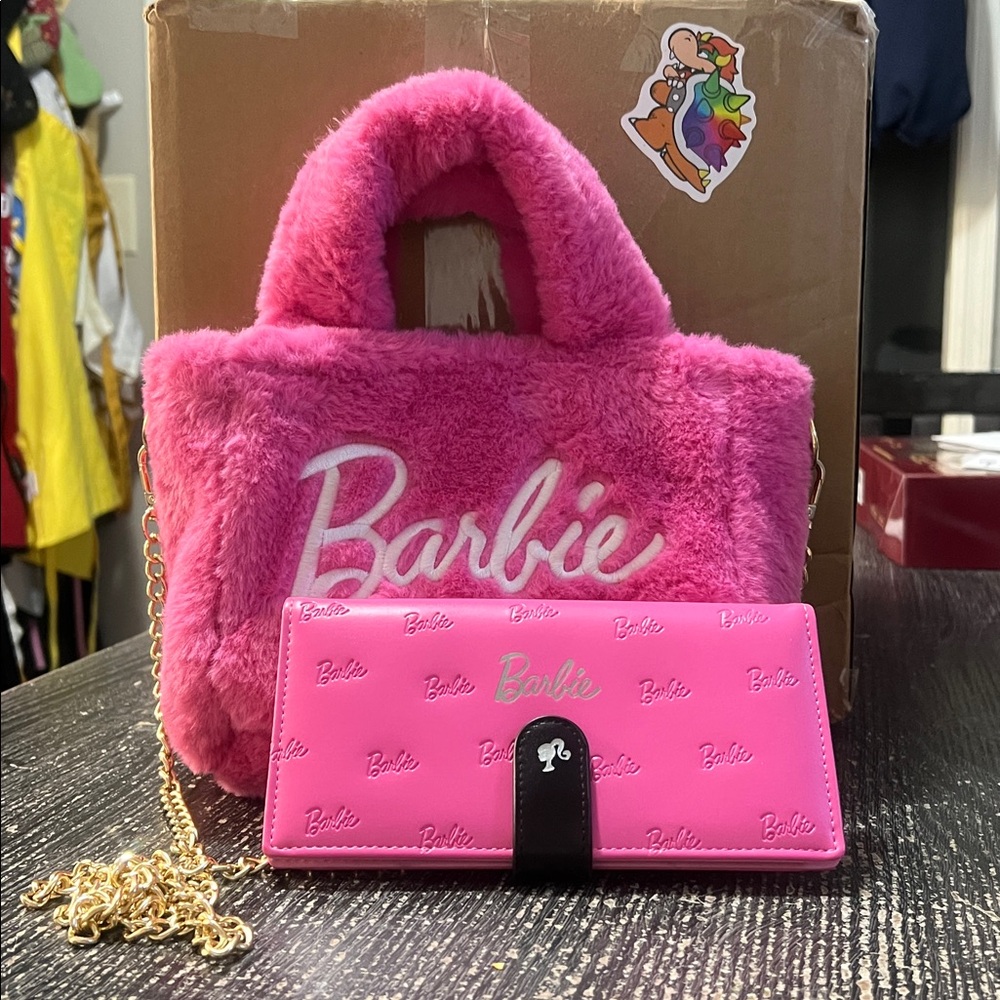 Barbie Vibrant Pink Plush Shoulder Bag Sknnydip brand crossbody w/Barbie wallet